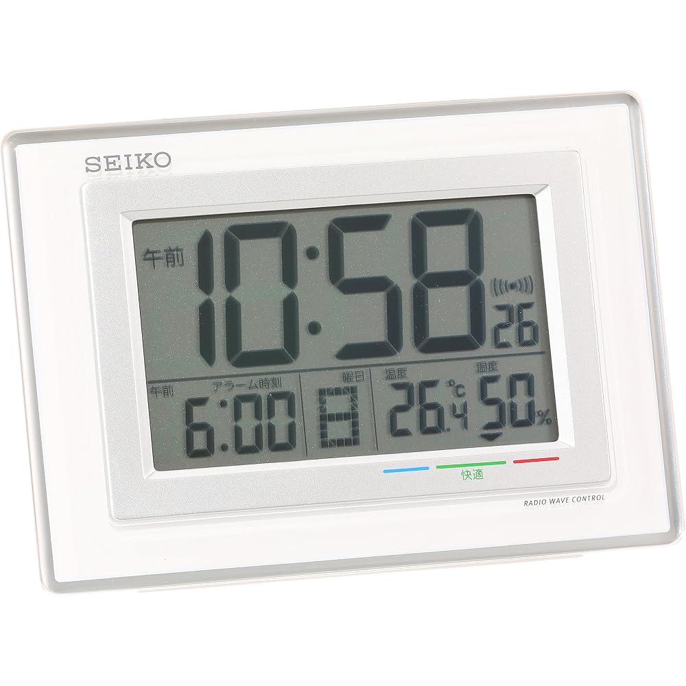 Seiko Clock Alarm Clock, Radio-Controlled, Digital, Calendar, Comfort Level, Temperature, Humidity Display, White, SQ686W SEIKO