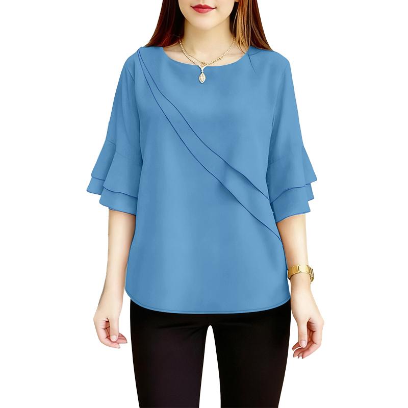 

ZANZEA Женская повседневная блузка с круглым вырезом, однотонная, с рукавом до локтя 5XL синий