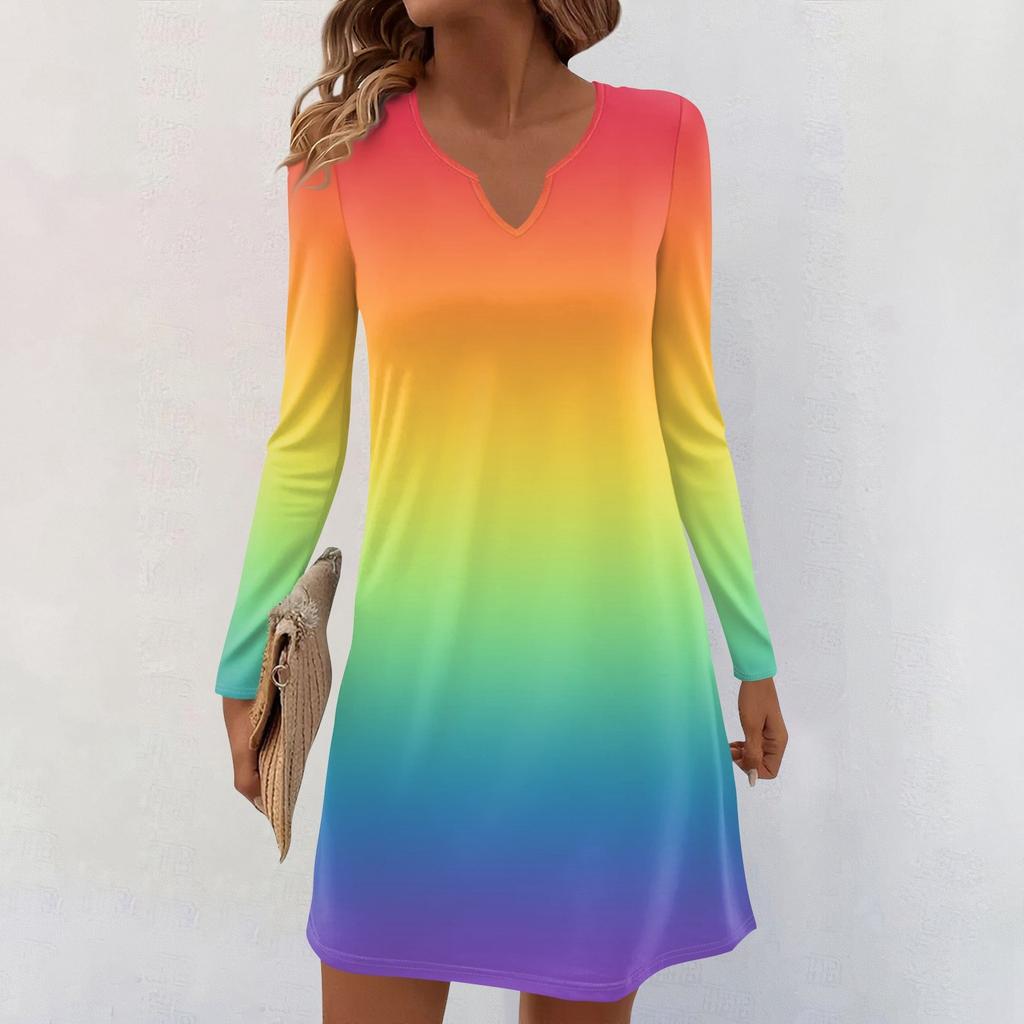 Women's Long-sleeved Casual Midi Dresses V-Neck Print  Casual Dress