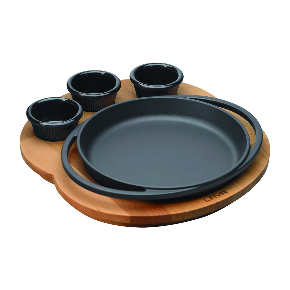 Ensembles ronds en fonte de lave avec plateaux de service en bois. Double poignée, avec plateau en bois Dia. Ø 20 cm.