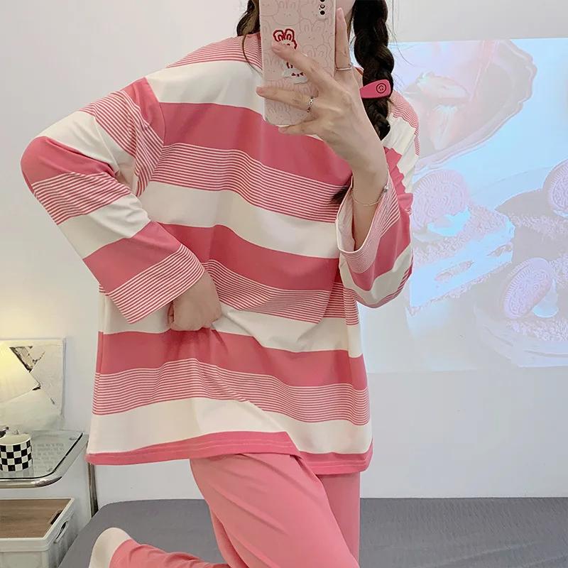 

Пижама женская с длинным рукавом комплект свободные длинные брюки домашняя одежда классический черный полосатый повседневный комплект из двух предметов XL красный