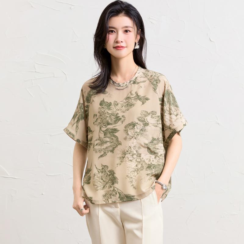 Mulberry Silk 100% Double Crepe Jacquard Summer Loose Breathable T-shirt for Women