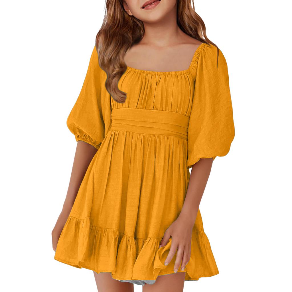 Children's Casual Bubble-Sleeve Backless Waist-Tied Bow-Pleated Dress