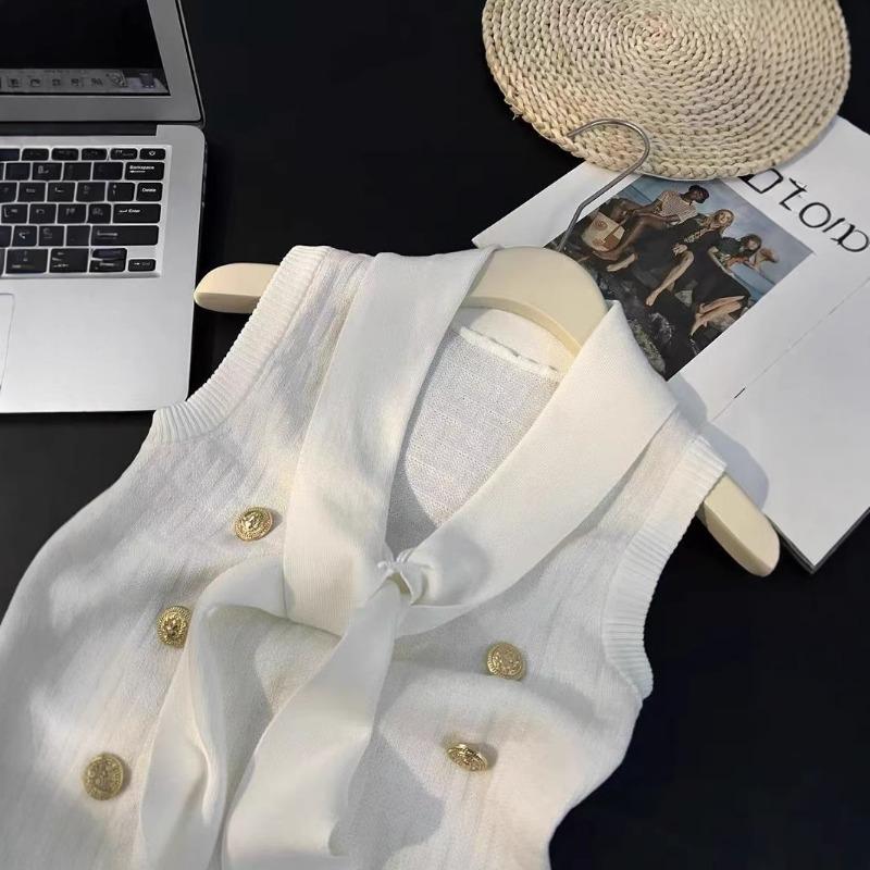 Light luxury end goods summer new metal buckle streamer knitted vest women's chic high-end sleeveless top