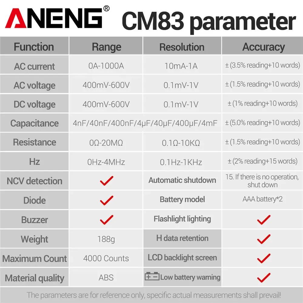 Portable ANENG CM83 Digital Clamp Multimeter Tester 4000 Count AC DC Current Voltage Capacitance Voltmeter NCV Sense Ohmmeter High Precision Test Tool