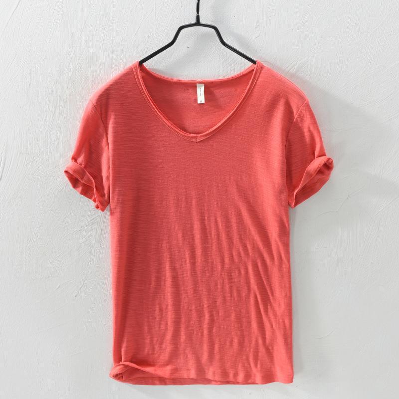 Neue Slim Fit Slub Baumwolle Reine Farbe V Kragen Kurzarm Tops Tees Männer T-Shirt Multi-farbe Mann T-Shirts fitness