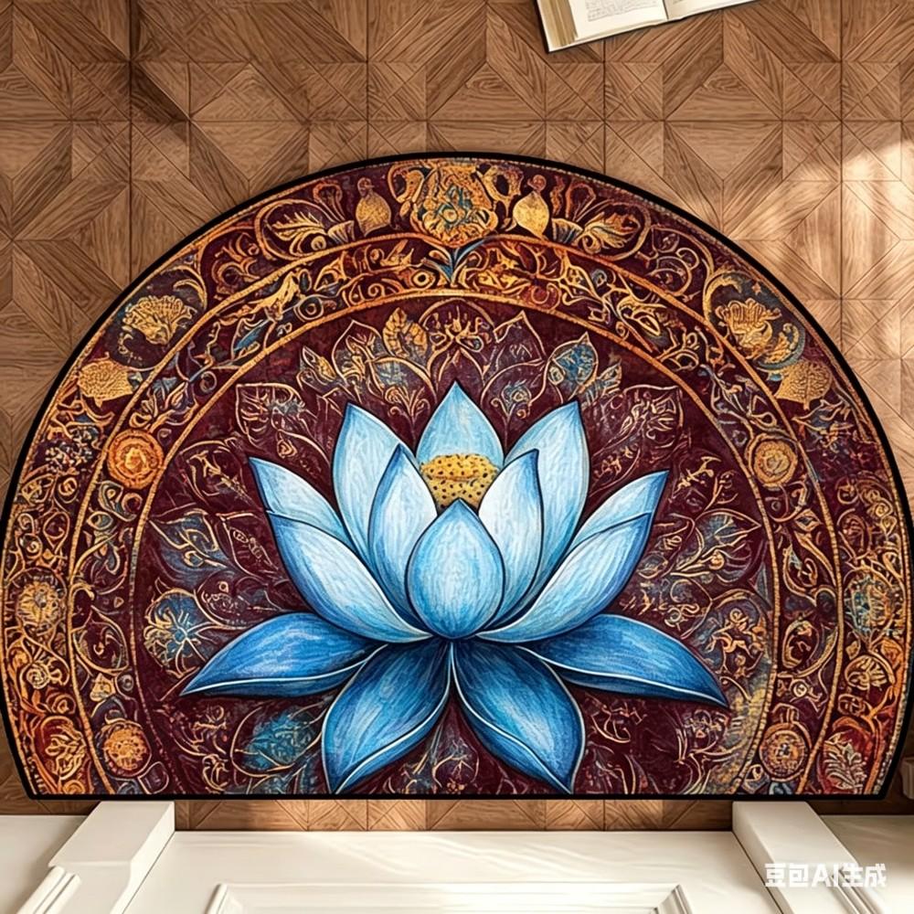 Boheemse Lotus Mandala Halfronde Deurmat Zen Stijl Welkomstmat Antislip Entree Tapijt Uniek Halve Maan Vloerkleed Decor 50x80cm-Felt
