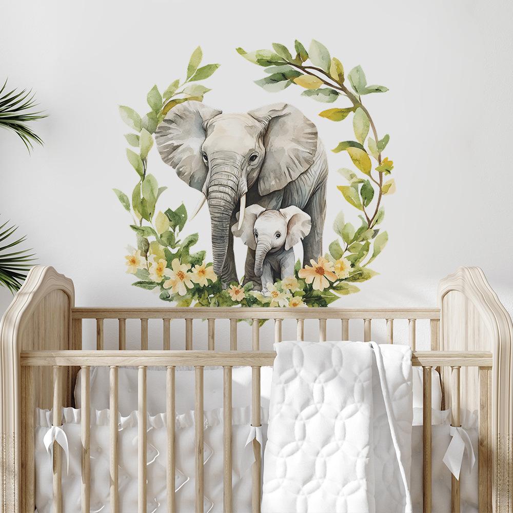 Cartoon Parent-child Baby Elephant Flower Grass and Green Leaf Background Beautification and Decoration Wall Stickers
