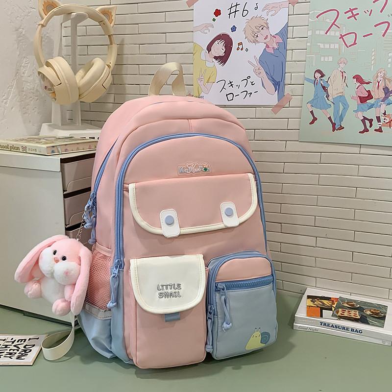 

Youth University Backpack For Girls And Boys With Letter Embroidery And Cartoon Snail Print синій