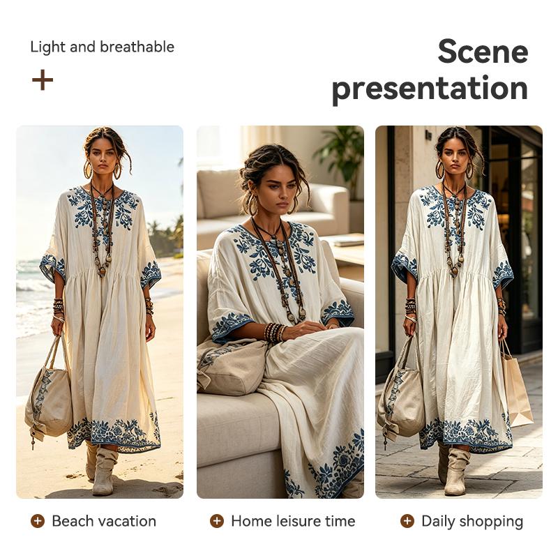 Robe Longue Maxi Style Européen d'Été pour Femmes Coupe Ample Mode Élégante Col Rond Imprimée