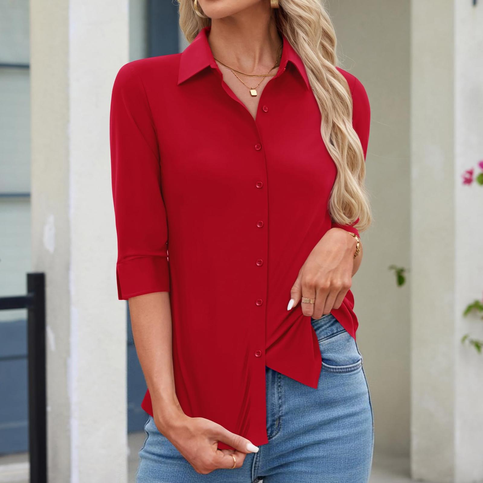 

Ladies Casual Button-down Shirt With Three-quarter Sleeves Top XXL червоний