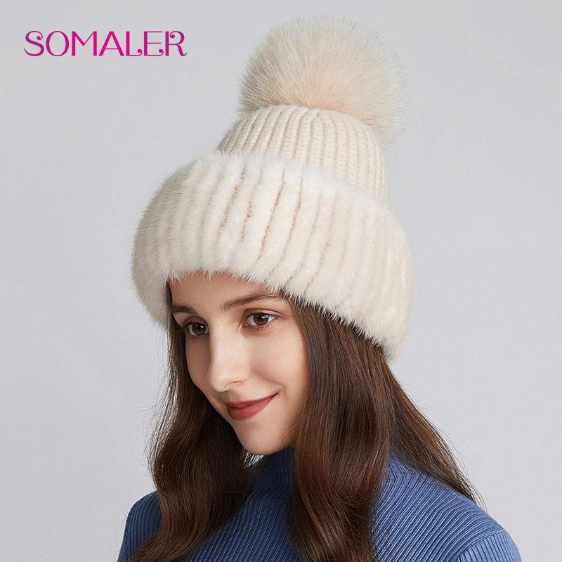 

SOMALER вязать шапки из натурального меха норки для зимы женские меховые шапки с помпоном из лисьего меха высокого качества роскошные женские вязаные шапки бежевый