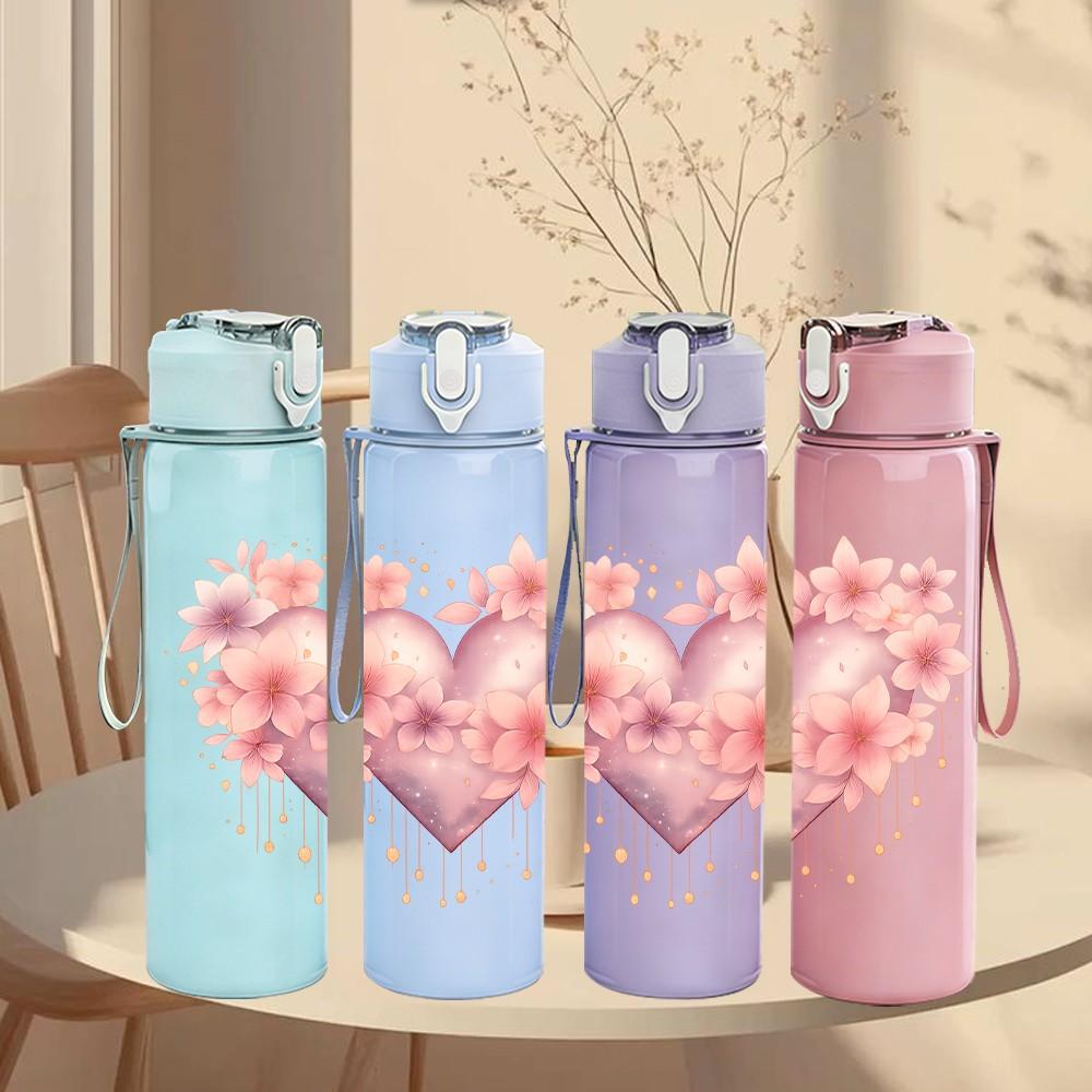 1PC Soft Pink Floral Heart 750ml Color Plastic Sports Water Bottle Leakproof Flip Straw Lid Suitable for Sports Office Home Use