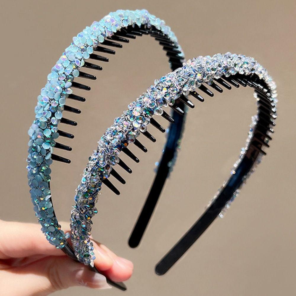 Thin Crystal Teeth Headband Sweet Face Wash Hair Hoop Vintage Rhinestones Antislip Hairband Lady