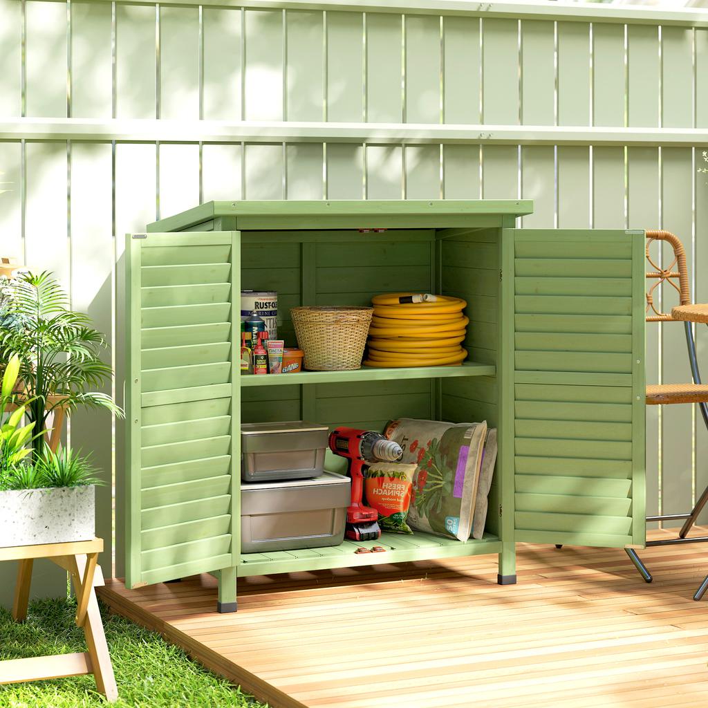 Garden Shed Wooden Garden Storage Shed 2 Door Unit Solid Fir Wood Garage Tool Organisation Cabinet, 87L x 46.5W x 96.5Hcm, Green