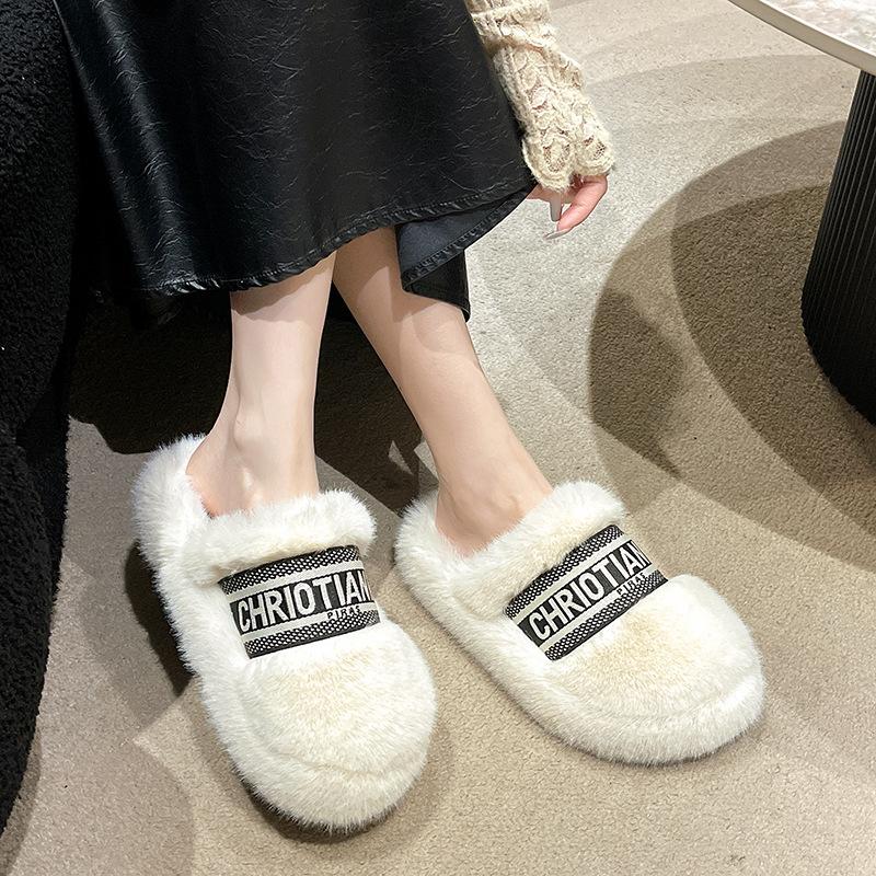 Große Tasche Kopf dicke Sohle Flaum Schlepp Damen Schuhe tragen 2025 Herbst und Winter neue Druckmode Plüsch Baumwollpantoffeln