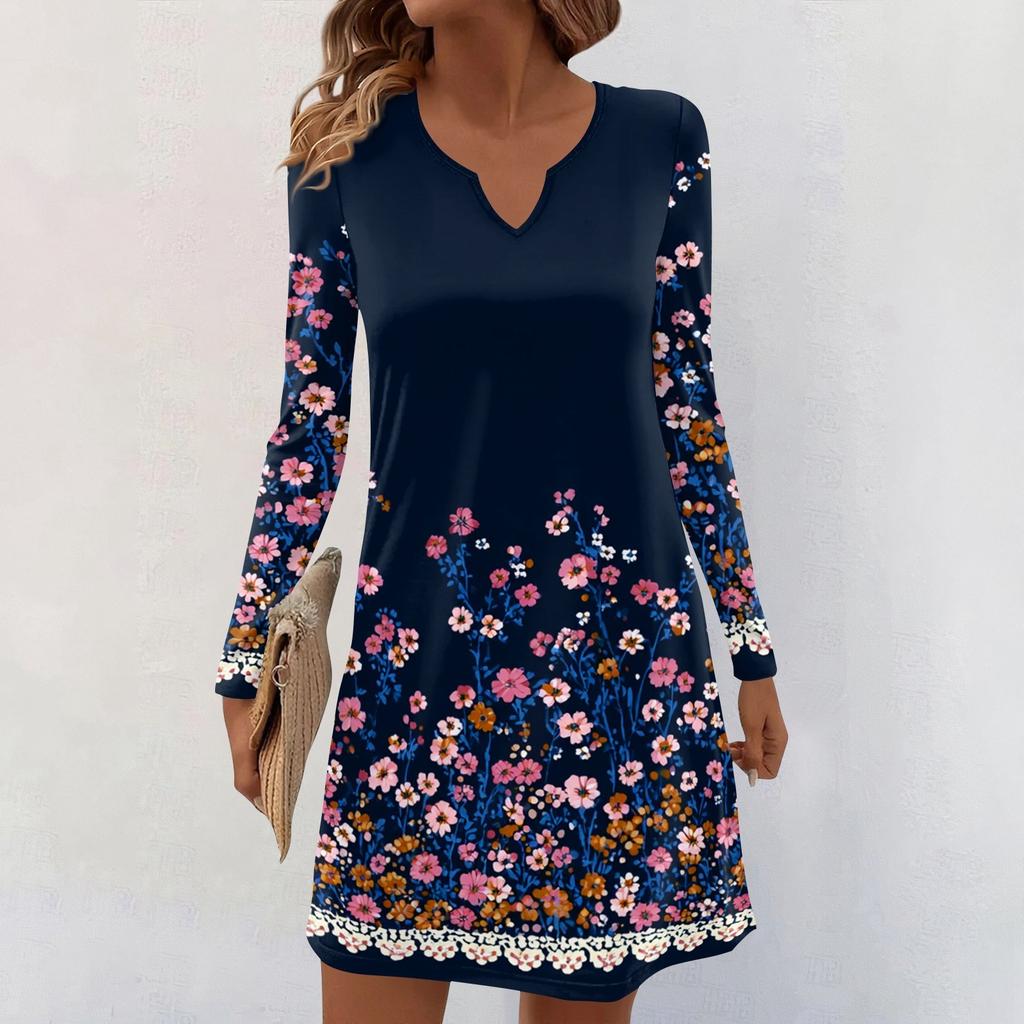Women's Long-sleeved Casual Midi Dresses V-Neck Print  Casual Dress