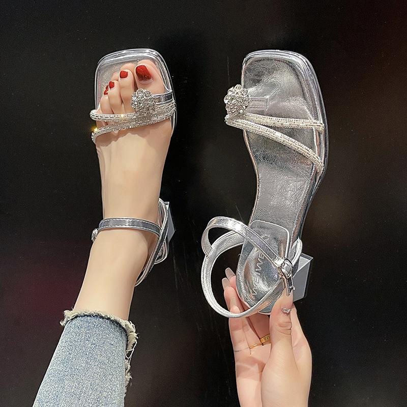 Silver One-word Buckle Sandals Summer 2025 New Fashion Rhinestone Niche Set Toe Thick Heel High Heels