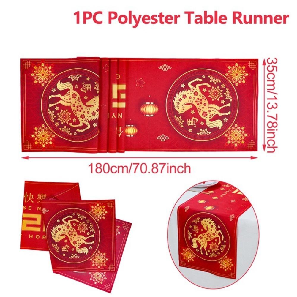 

Red Golden Color New Year Table Runner Lantern Print Rectangular Shape Table Runner Horse Design Table Flag Festival Celebration