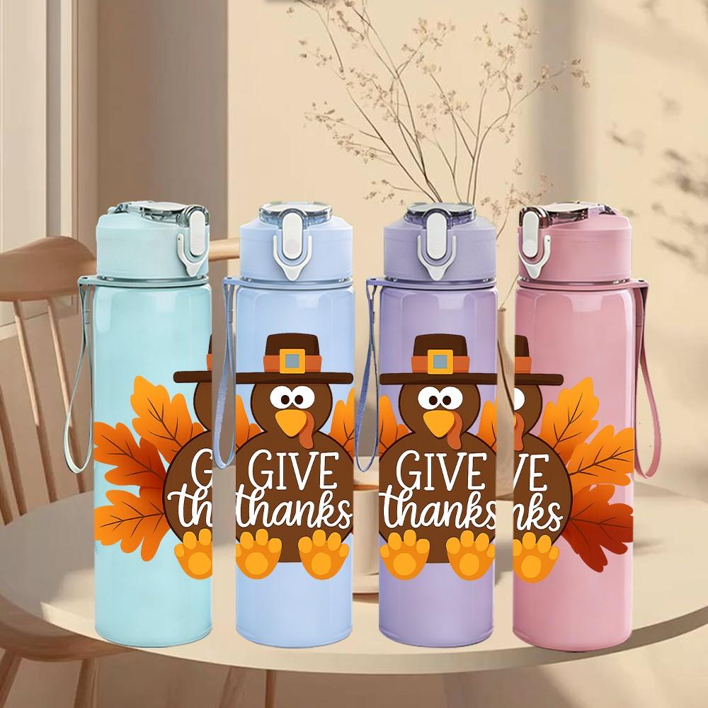 1PC Maple Leaf Give Thanks 750ml Color Plastic Sports Water Bottle Leakproof Flip Straw Lid Suitable for Sports Office Home Use