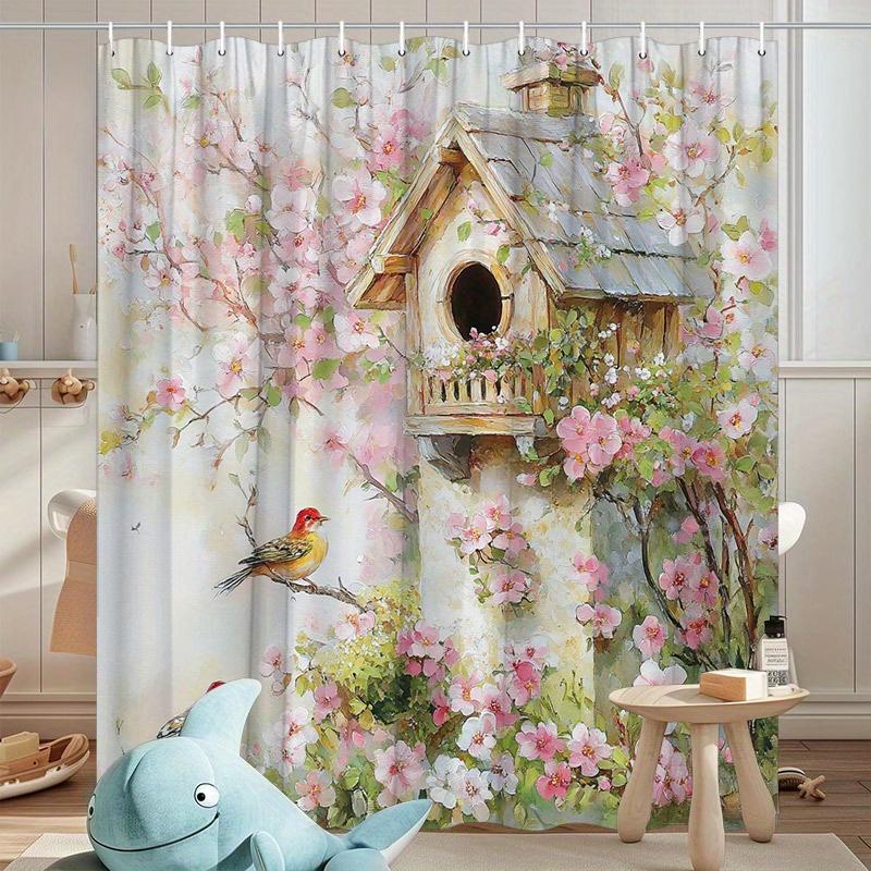 

1Pc Birdhouse Shower Curtain - Cherry Blossoms, Soft Pink & White Flowers, Dreamy Sky, 70.8X70.8 , 12 Hooks, Washable Polyester W60H190(CM)-1 Pcs