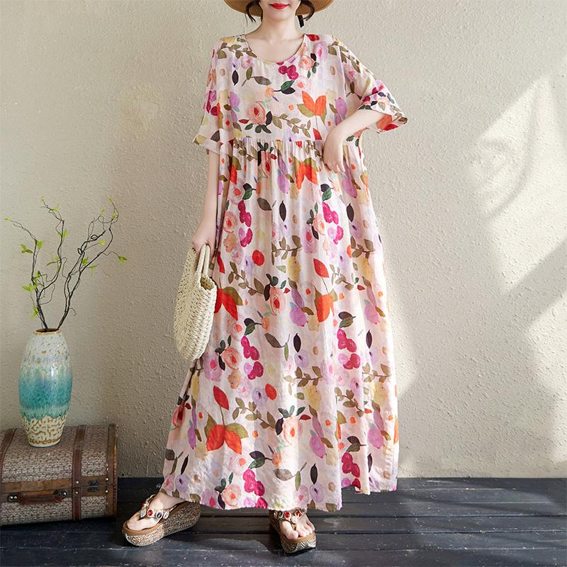 Short Sleeve Plus Size Cotton Vintage Floral New In Dresses for Women Casual Loose Long Summer Dress