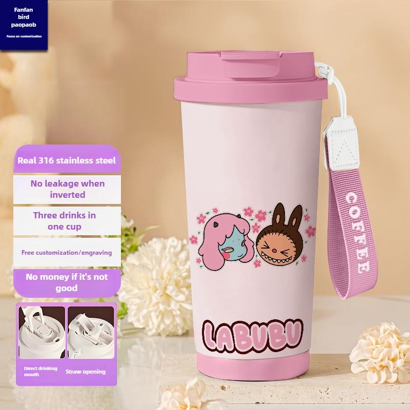 Tecknad Rostfri Stålkopp Högvärdig Termosmugg 3D Dubbel Drickstrå Kaffekopp