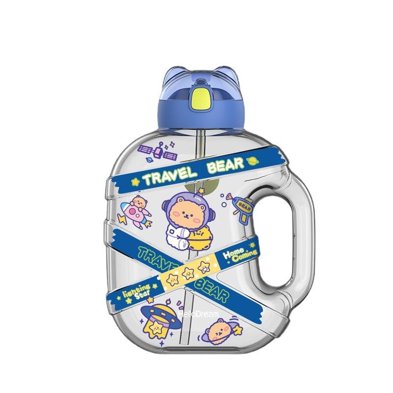 Water bottle bear pier pier kettle large capacity fitness water cup male and female students portable plastic space straw cup children ton barrel