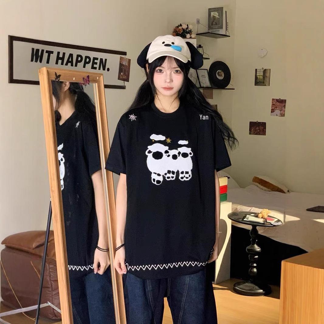 

Cute Cartoon Sheep Cotton Oversized Short Sleeve Women s T-Shirt - Summer Lazy Style Medium жовтий