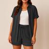 Women's Casual And Fashionable Solid Color Lapel Short Sleeved Shirt Top, High Waisted Drawstring Shorts Set