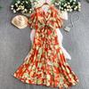 French holiday style beautiful fairy gas printing V-neck dress women's autumn and winter waist irregular elegant ruffle skirt