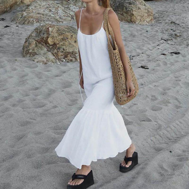 New Style Vacation Casual Long Dress Summer Cotton Elegant Suspender Women