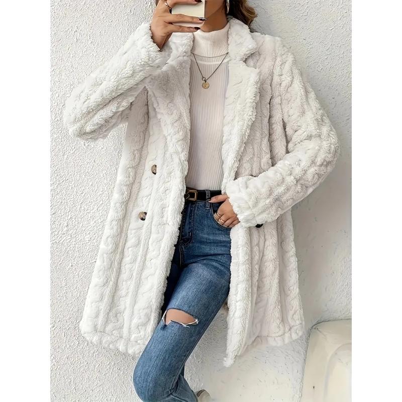 Double Breasted Lapel Teddy Bear Coat, Hundred Long Sleeve Textured Warm Winter Coat, Women's Clothing