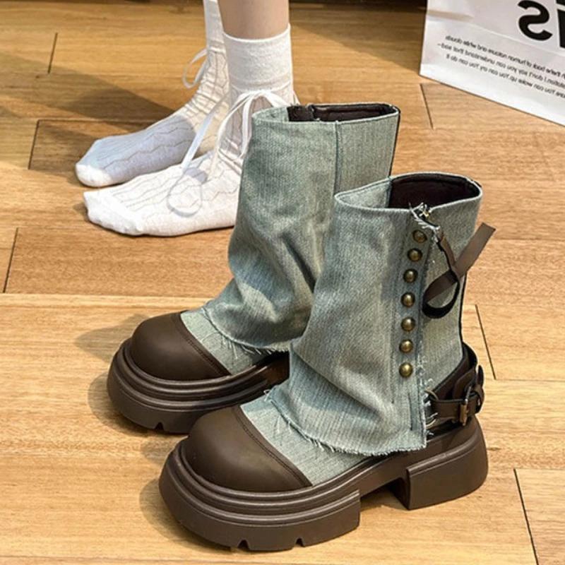 Fashion Ankle Boots for Women Denim Green Lightweight Woman Short Shoes Punk Style On Promotion Goth Autumn Chic and Elegant Hot Booties