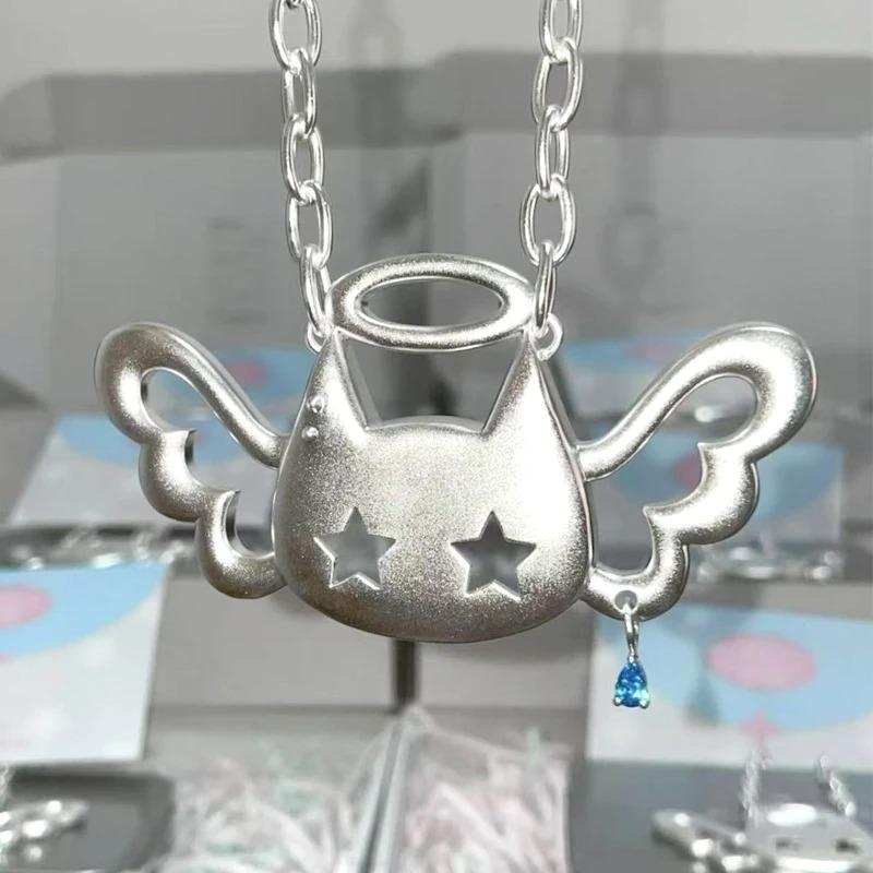 New Jewelry Wing Cat Punk Pendant Necklace for Women Korean Fashion Blue Crystal Star Pendant Necklace Charm Accessories