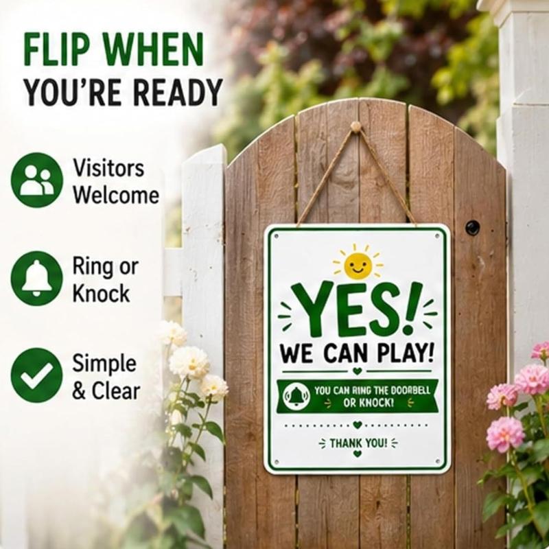 Front Door Play Status Sign, Reversible Double Sided Metal Door Hanger Plaque for Family with Kids and Neighbor Visit