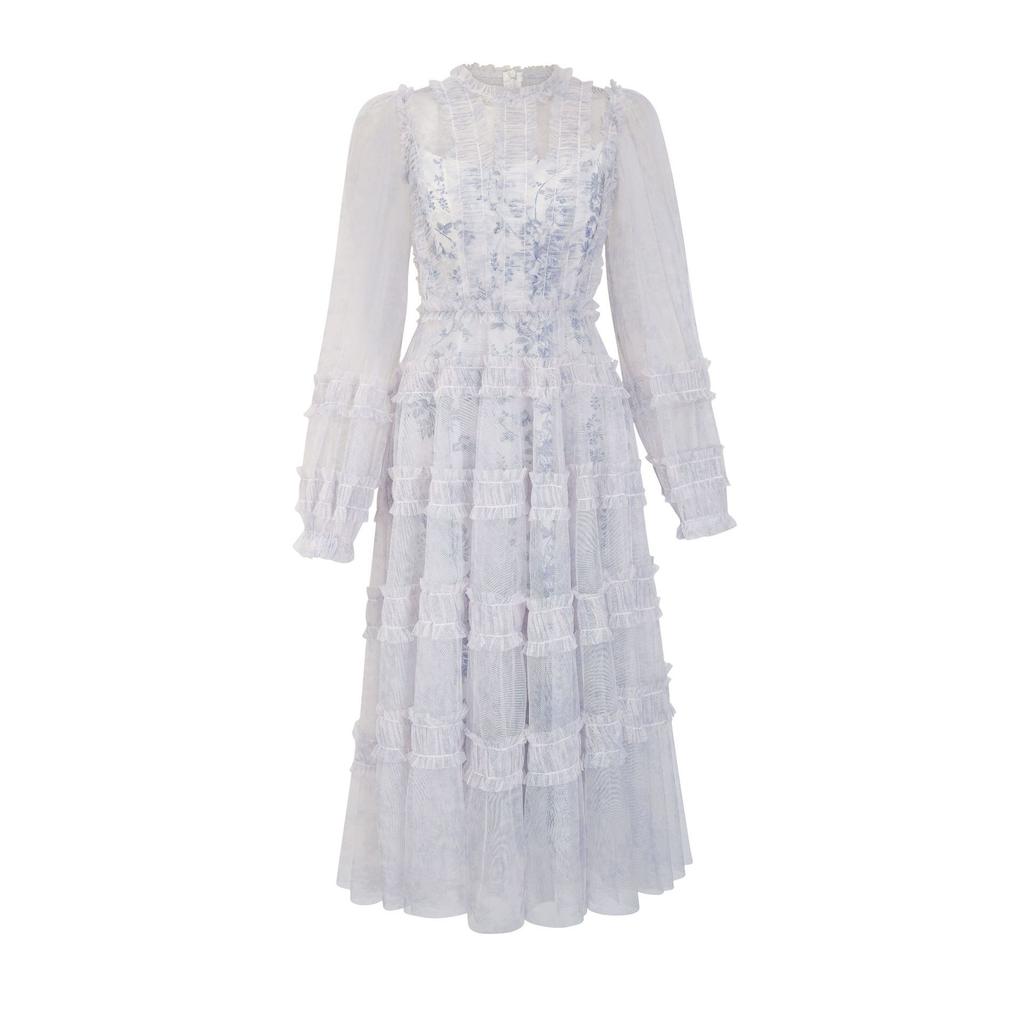 Neues Rundhals-Langarmkleid Taillenbetonendes Feenkleid Brautjungfernkleidung Schwesterkleidung Mittellanges und Langes Kleid