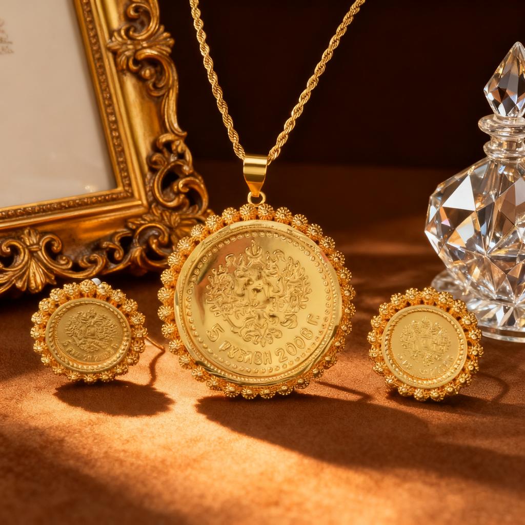 Persisk Lejon Sol Symbol Guldpläterad Halsband Örhängen Set Antik Mynt Vintage Mellanöstern Stil Smycken Gåva till Henne Fest
