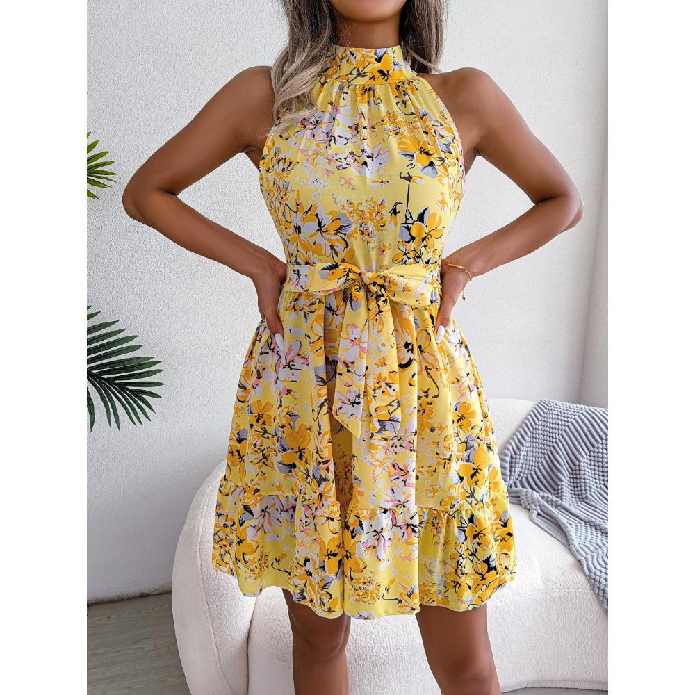 Jarní a letní nové temperamentní vázané volánové dámské květinové šaty s velkou sukní