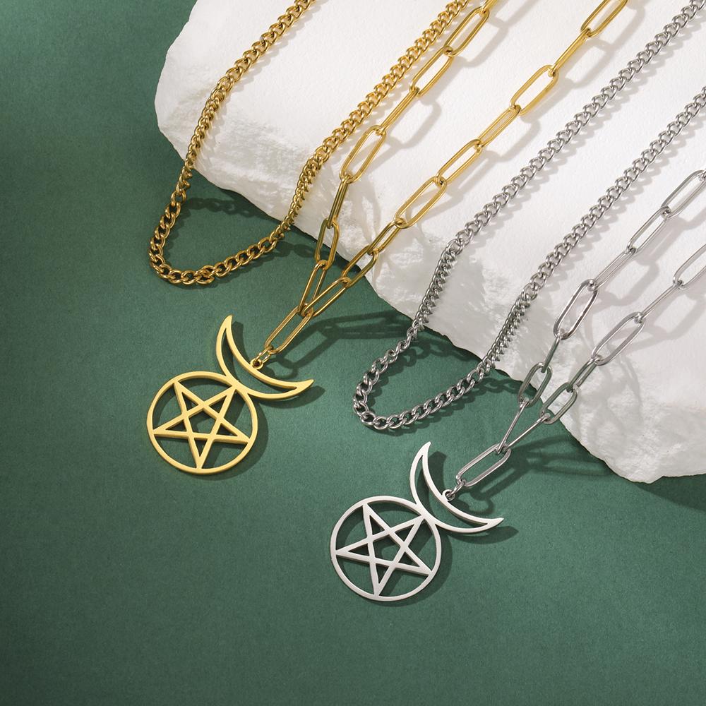 Dawapara Gehörnter Gott Cernunnos Siegel Anhänger Halskette Pentagramm Dreifache Göttin Symbol Edelstahl Wicca Schmuck