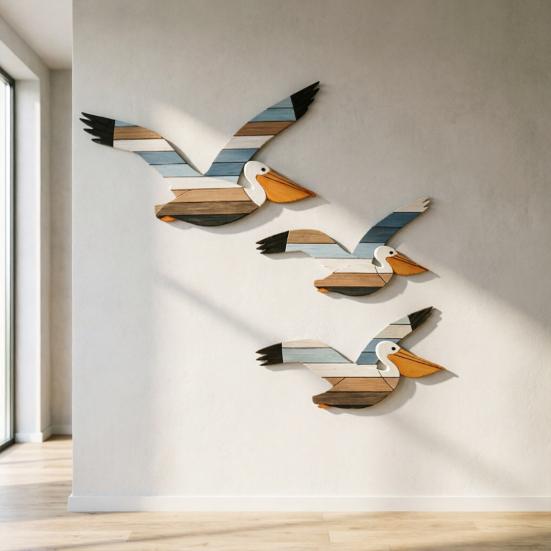 3 Pcs Pelican Wall Art Wooden Flying Bird Wall Hanging Decor Nautical Rustic Beach Wall Sculpture for Living Room Bedroom