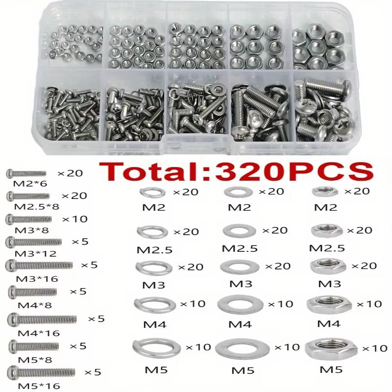 320pcs Premium Stainless Steel Screw and Nut Assortment Kit - Corrosion-Resistant, Snap-in Nuts, M2 To M5 Sizes - Ideal for DIY