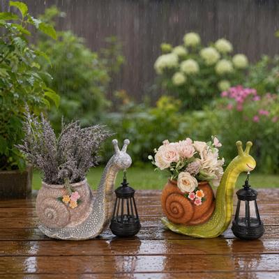 Schneckenstatue Blumentopf, Solare Gartenleuchte, Niedliche Schnecke hält Solarlaterne, Dekorative Harz-Blumentopf mit Warmem LED-Licht für Terrasse Balkon