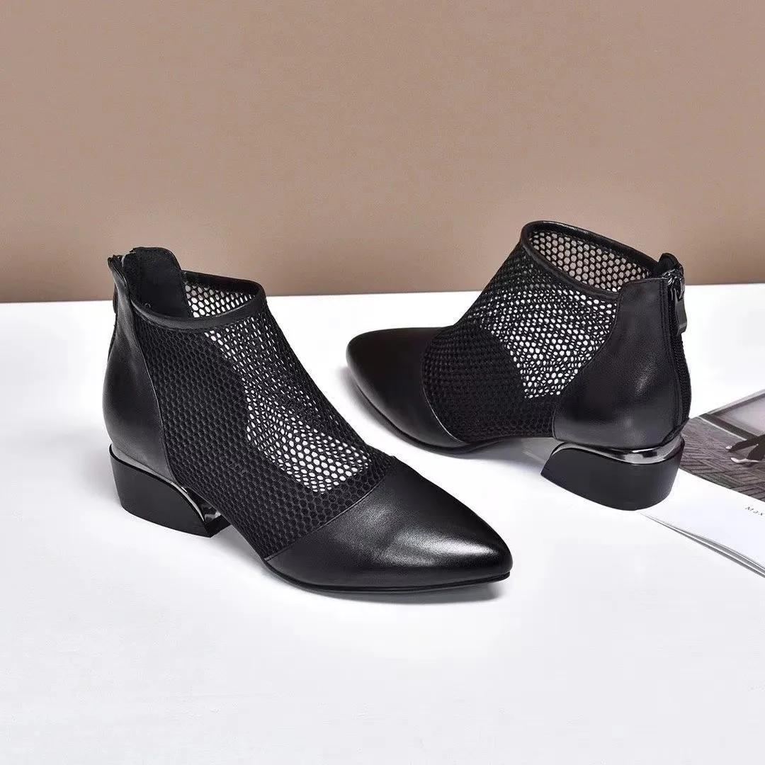 

Новое поступление, летние сексуальные сетчатые ботильоны с острым носком на низком каблуке, женские короткие ботинки на толстом каблуке, весенние туфли с молнией сзади 41