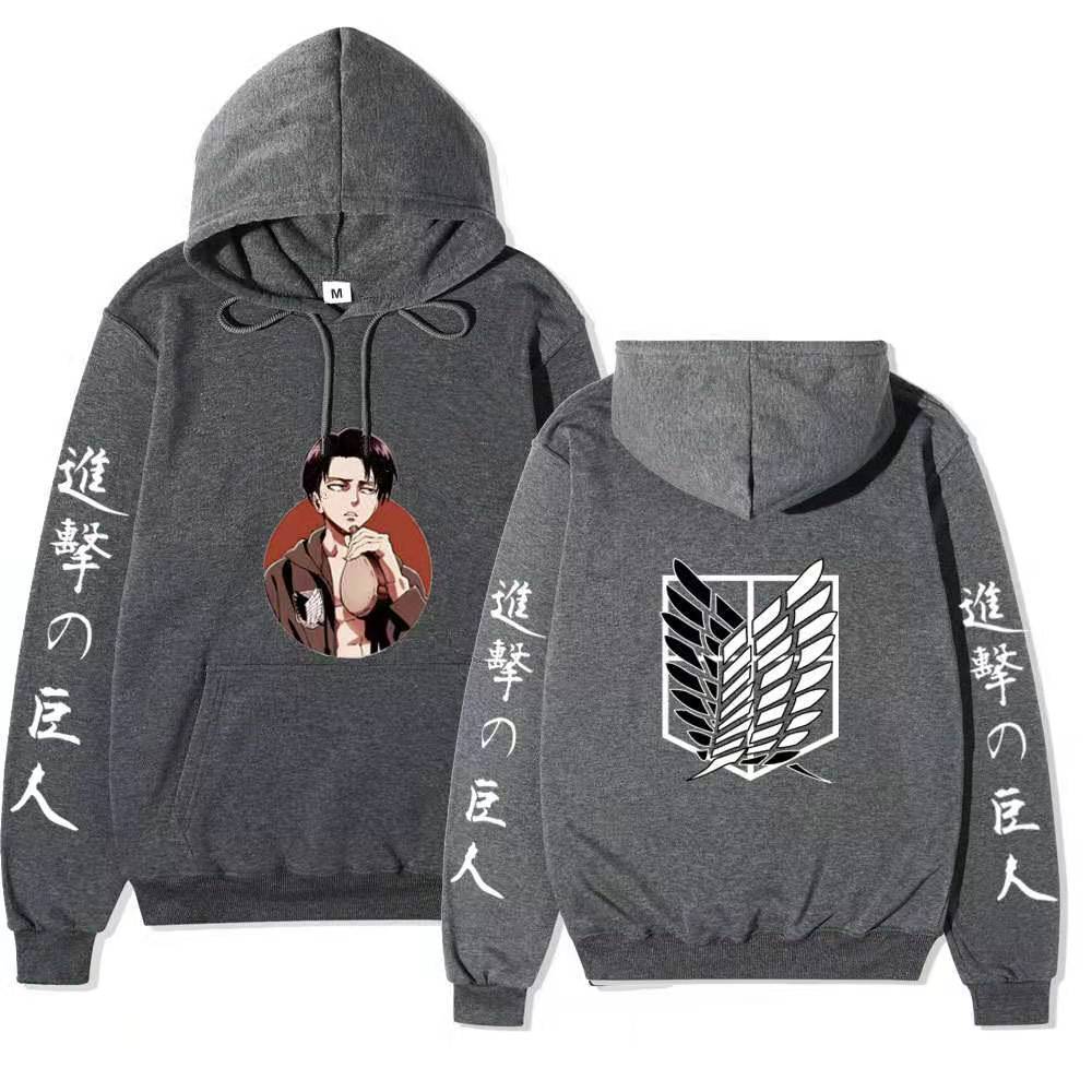 Attack On Titan Levi Ackerman Hoodie Unisex Fleece Sweatshirt, Front Character Print, Back Wings Logo, Japanese Sleeve Text, Autumn Winter Pullover