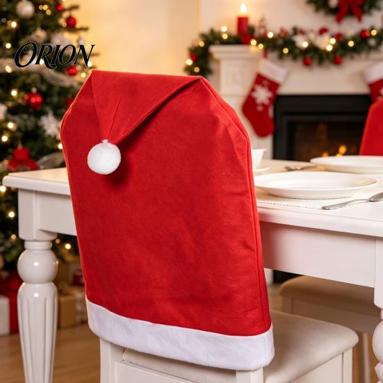 Elastic Non-woven Chair Protectors Christmas Cover, Red Santa Hat Dining Slipcover, Holiday Back Decorations Cover with Pom for Xmas Kitchen