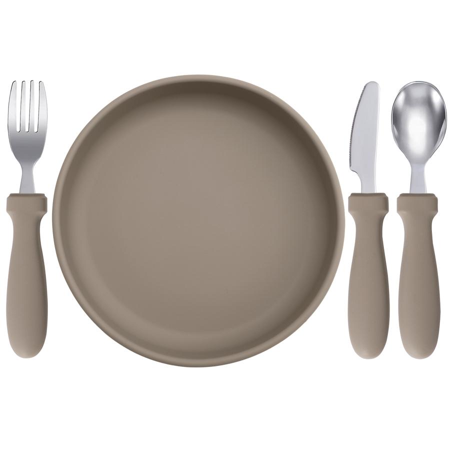 

4 шт./набор Детская силиконовая посуда Обеденная тарелка с присоской Миска Нож из нержавеющей стали Вилка Ложка Не содержит БФА Детская столовая посуда для кормления