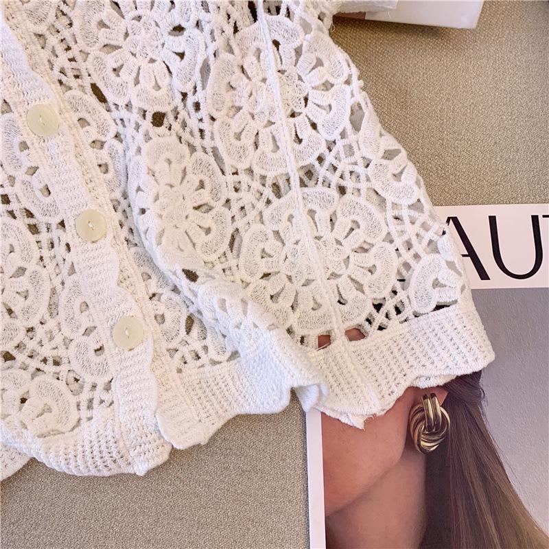 Women's French V-Neck Crochet Knit Cardigan - Chic Summer Fashion, Slimming Loose Fit, Versatile Top
