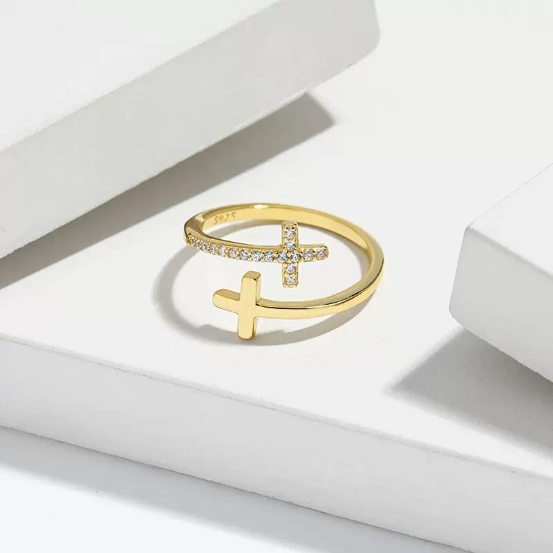 Verstellbarer Sterling-Kreuzring mit Zirkonia-Steinen für Herren und Damen Geometrischer Modeschmuck