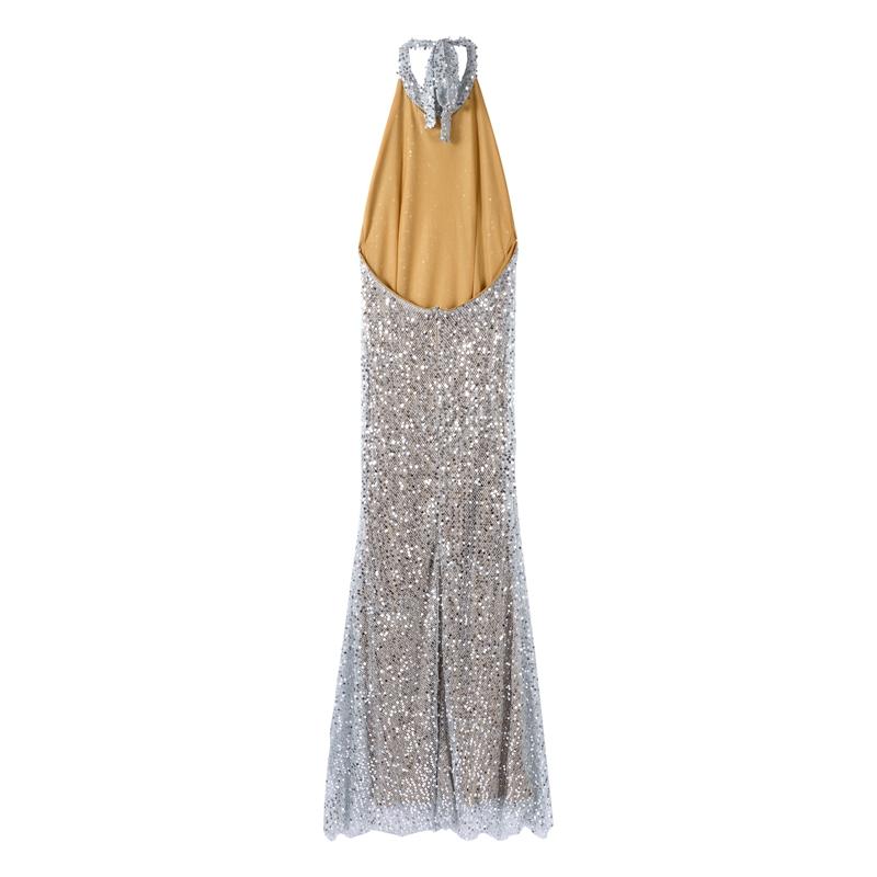 Shiny Sequin Backless Maxi Dress Women Sexy Halter Backless Lace Up Hip Package Mermaid Dresses 2025 Summer Beach Vacation Robes